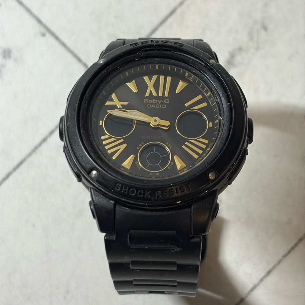 Womens Casio Baby-G Black Gold Shock Resistent Analog Watch
